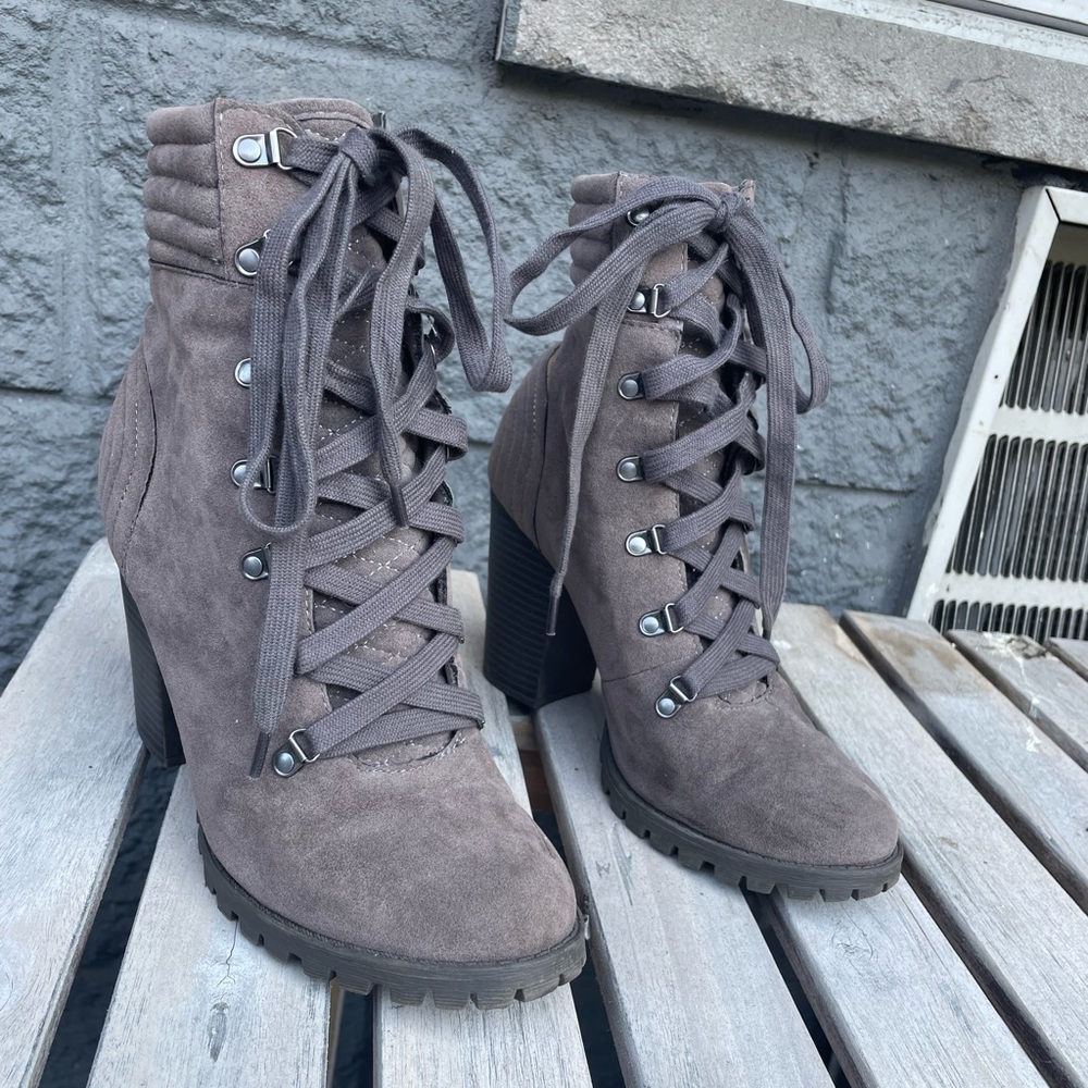 Grey heeled combat boots